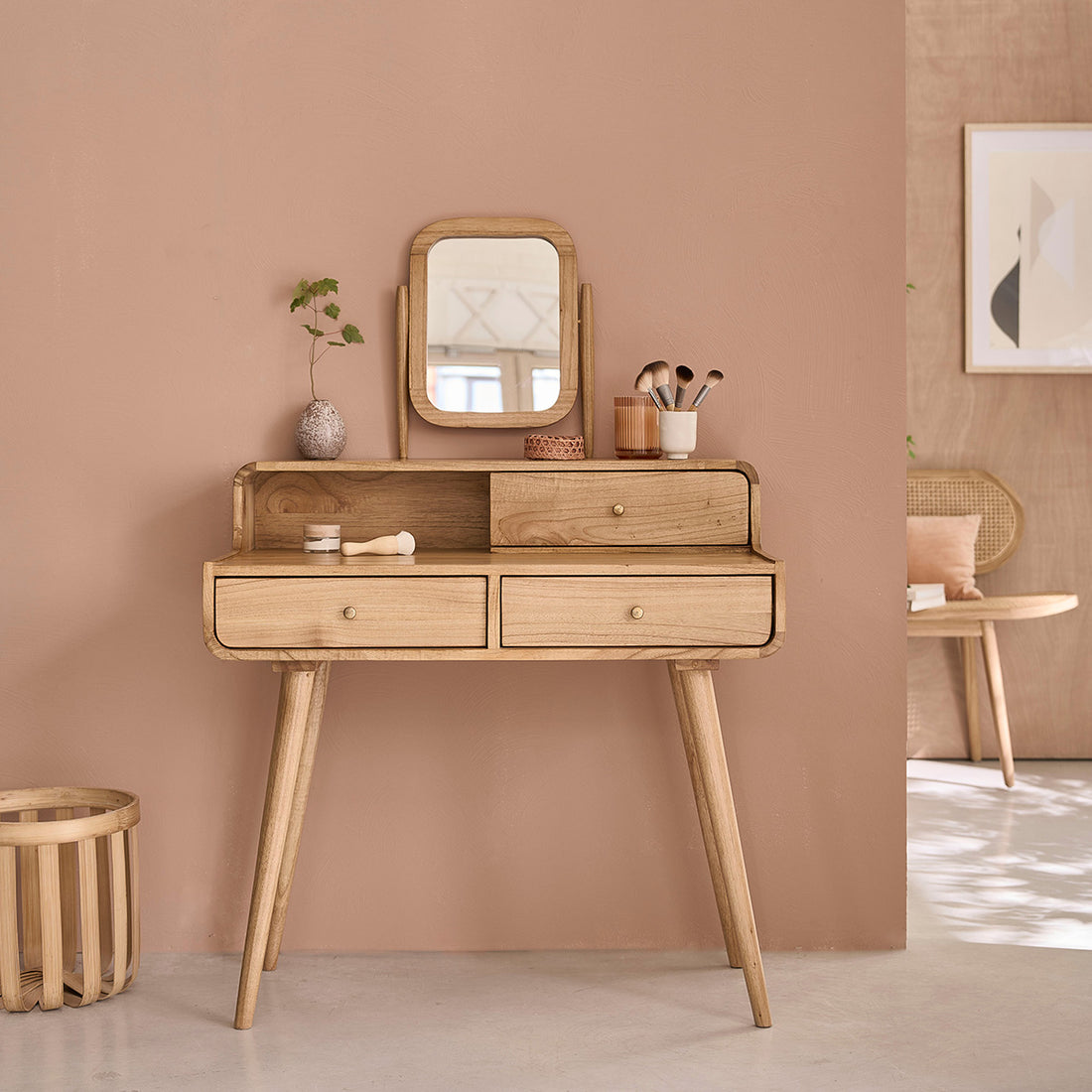 FIFTIES - Tavolino da toilette e scrivania in mindi massello  90 cm