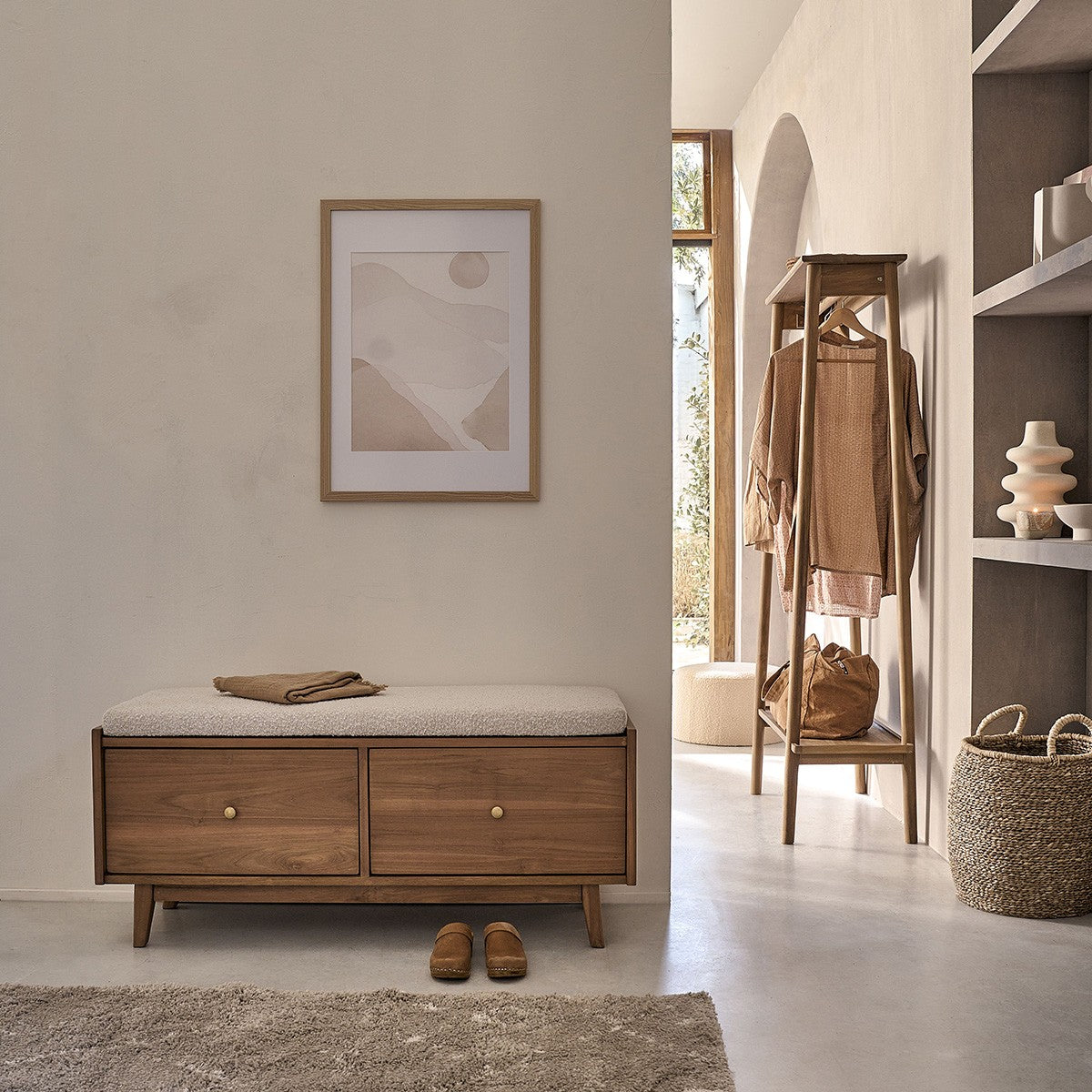 SERENE - Panchina in teak massello e tessuto bouclé 120 cm