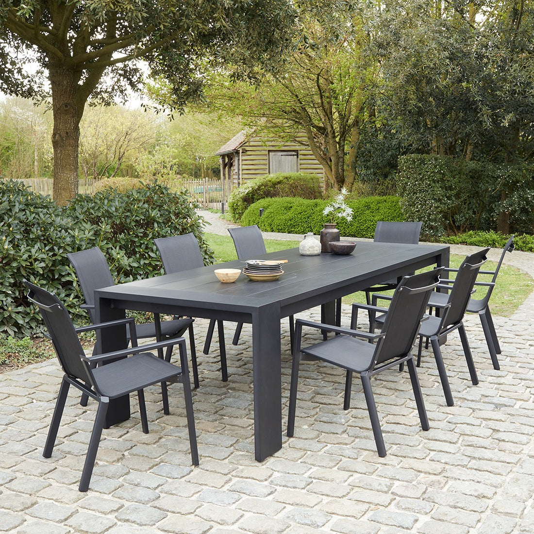 IBIZA - Set di mobili da giardino in alluminio e textilene nero 8 pers.