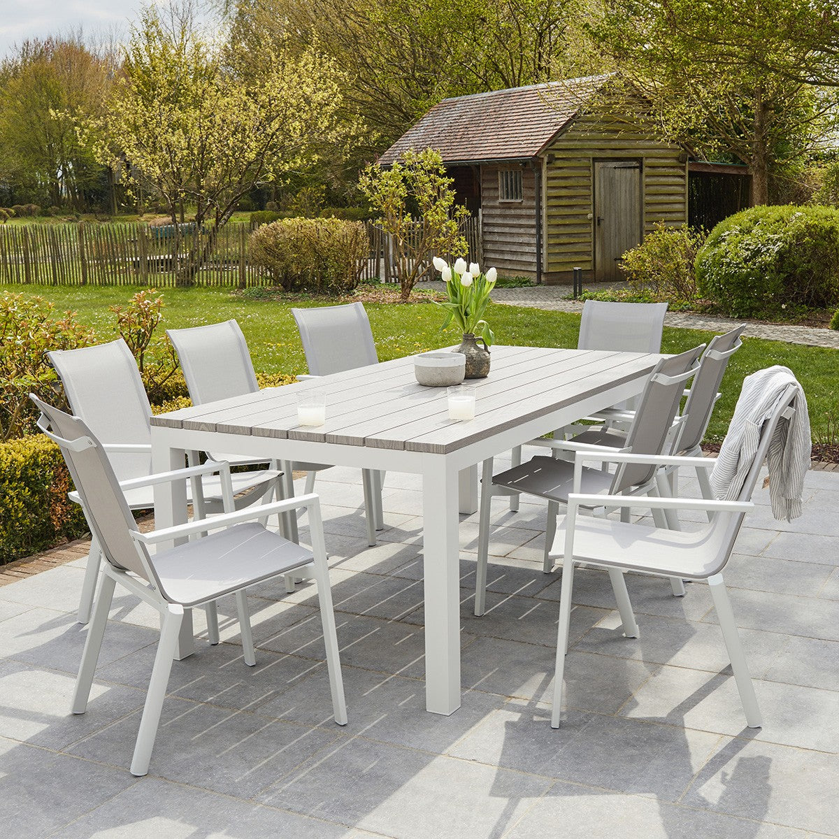 TAMPA - Set di mobili da giardino alluminio bianco e textilene grigio 8 pers.