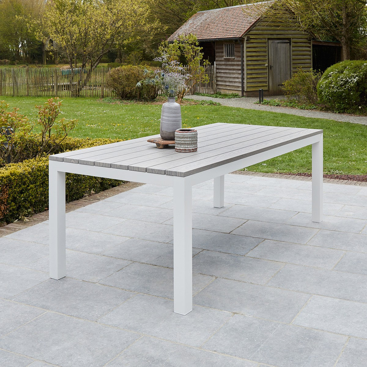 TAMPA - Set di mobili da giardino alluminio bianco e textilene grigio 8 pers.