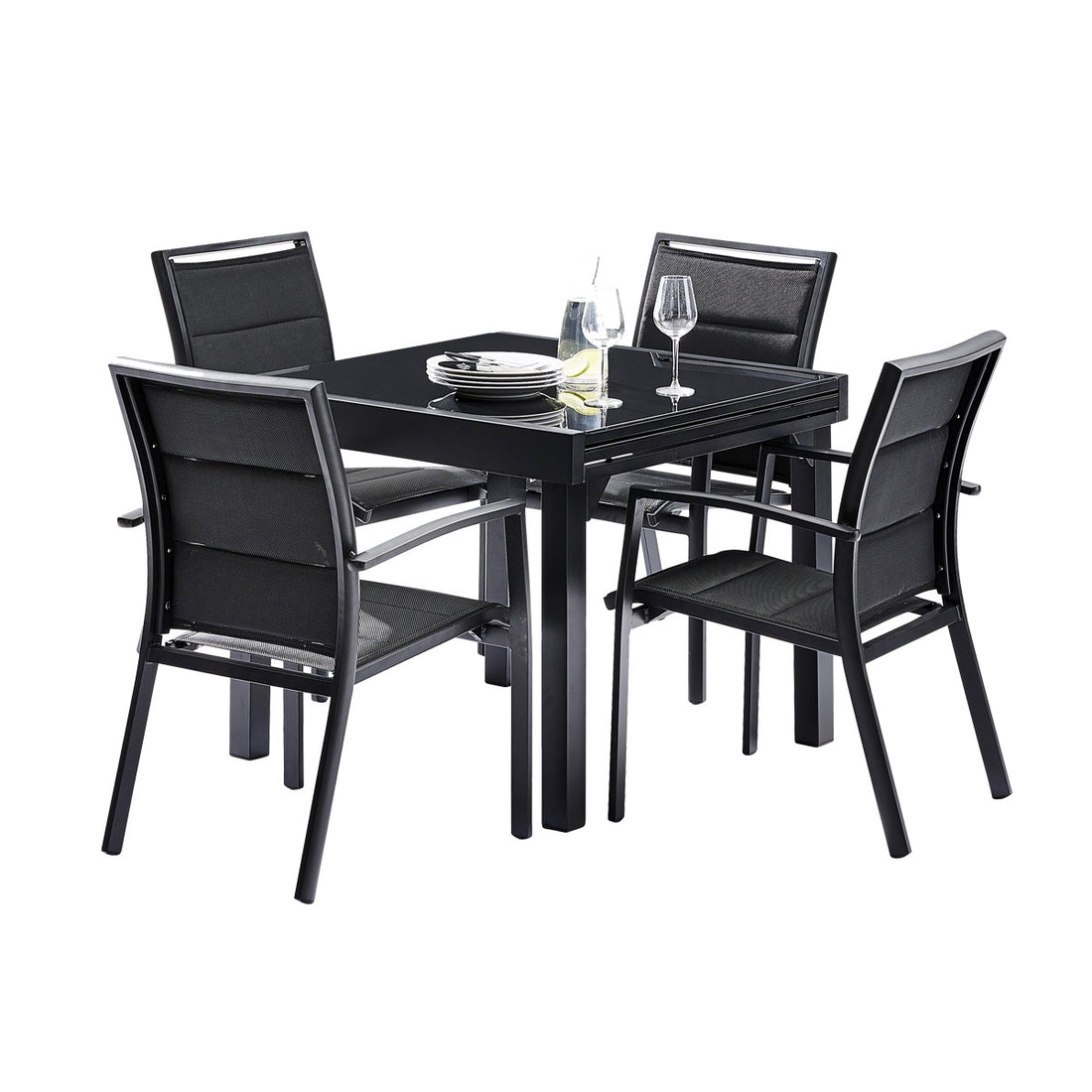 MODULO - Set di mobili da giardino in alluminio nero con tavolo allungabile 4/8 pers.