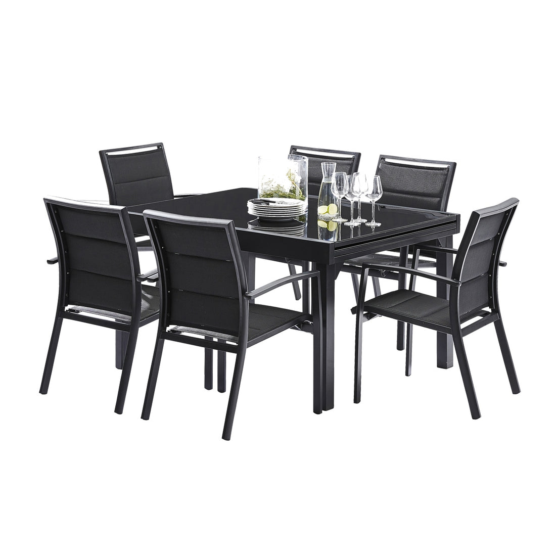 MODULO - Set di mobili da giardino in alluminio nero con tavolo allungabile 6/10 pers.