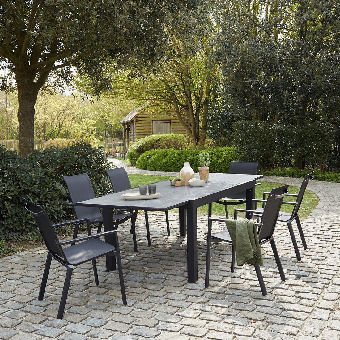HPL STAR - Set di mobili da giardino in alluminio nero e textilene grigio 6/10 pers.