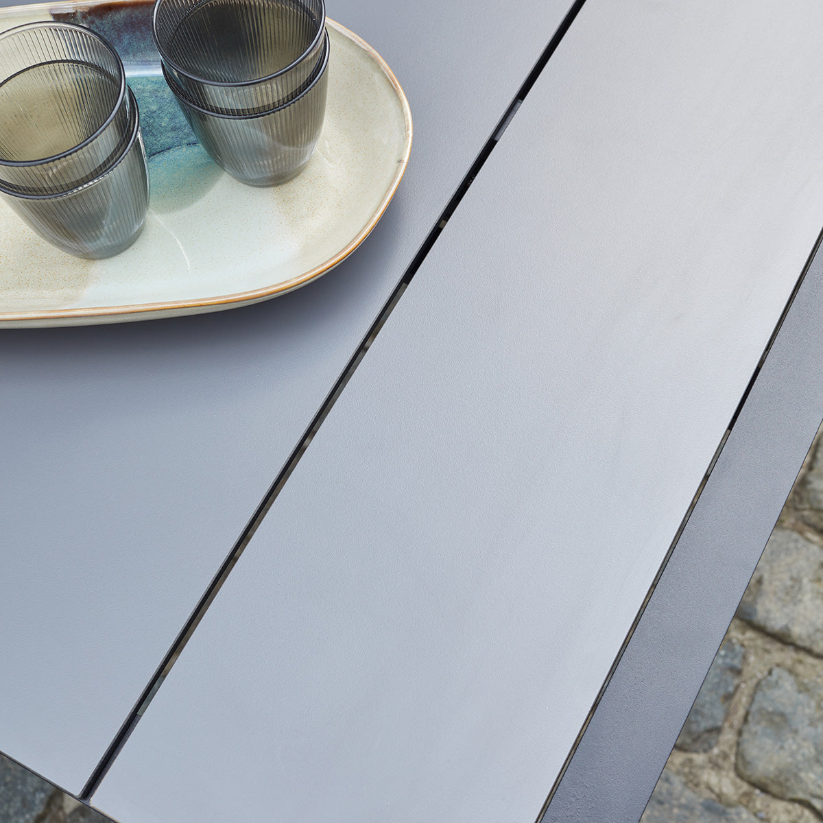 HPL STAR - Set di mobili da giardino in alluminio nero e textilene grigio 6/10 pers.