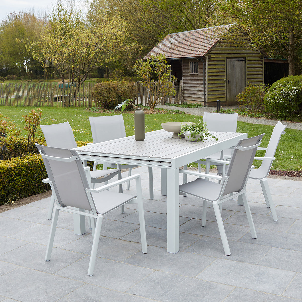 TULUM - Set di mobili da giardino alluminio bianco e textilene grigio 6/10 pers.