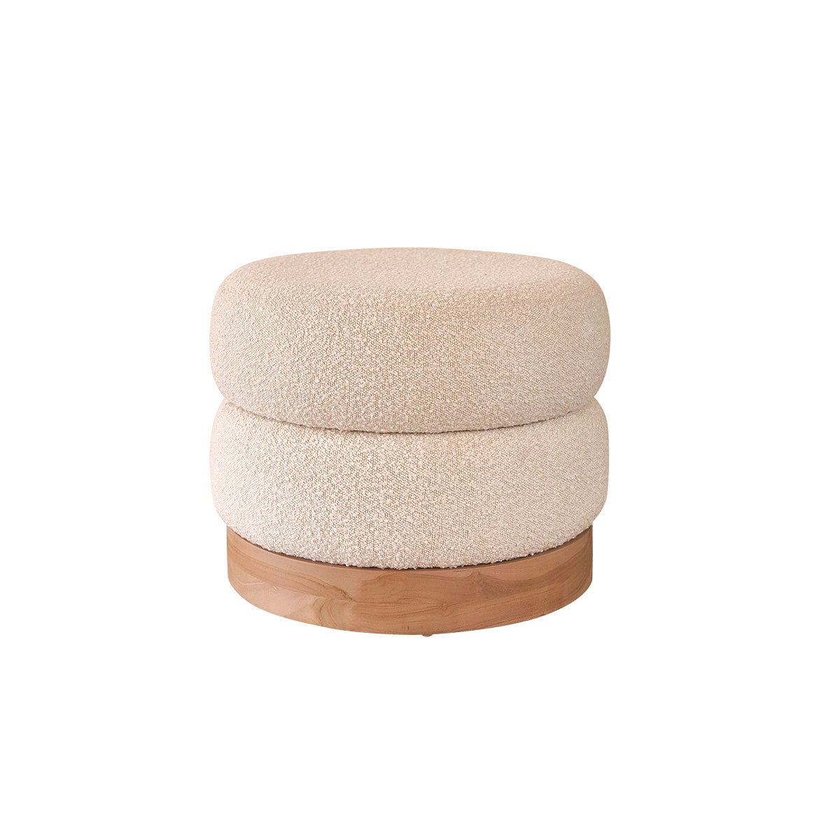 SERENE - Pouf in teak massello e tessuto bouclé bianco Ø55 cm
