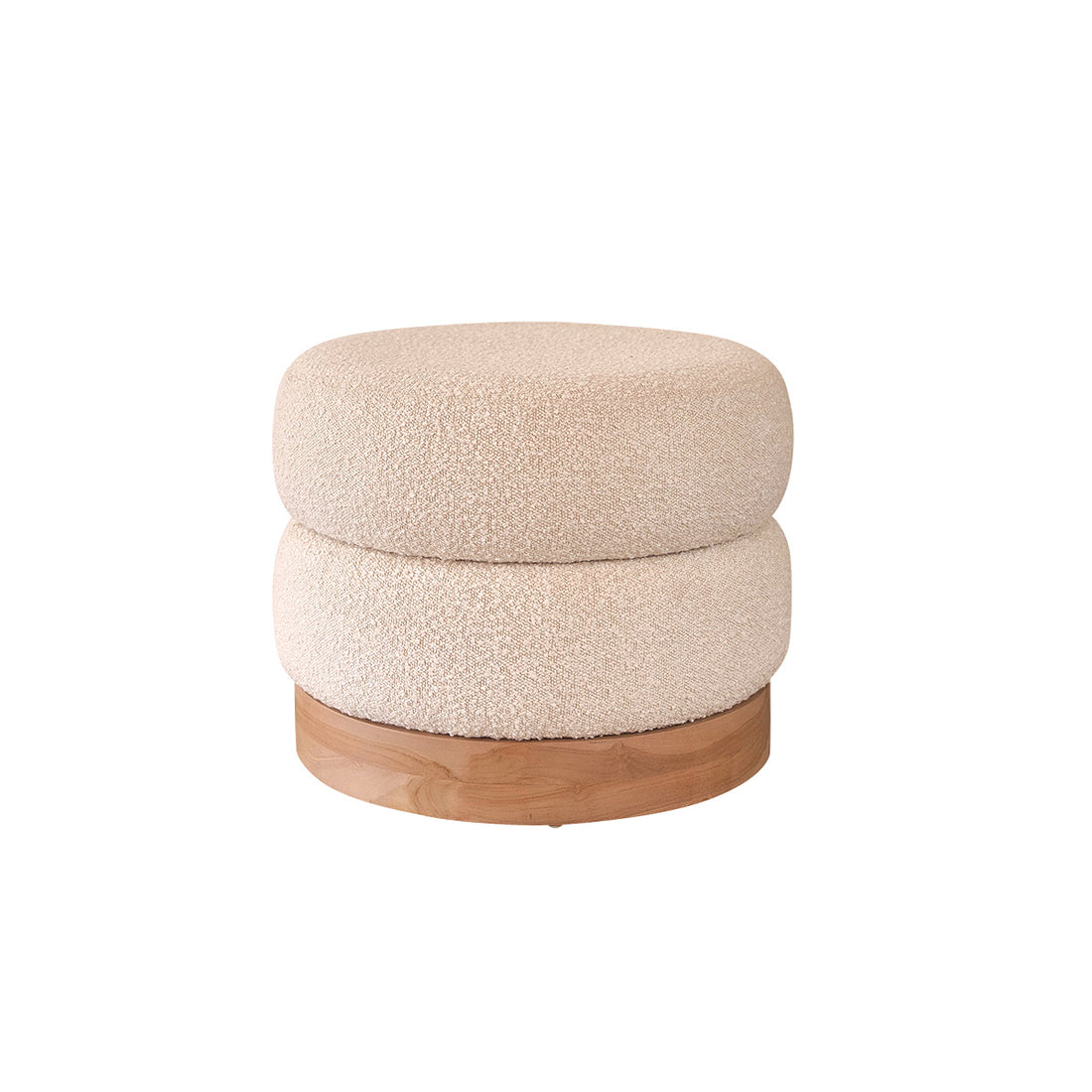 SERENE - Pouf in teak massello e tessuto bouclé bianco Ø55 cm