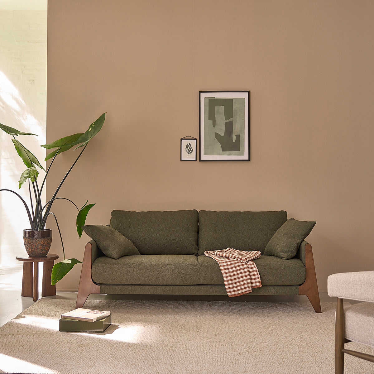 ONDINE - Divano dritto a 3 posti in legno massello e tessuto bouclé kaki