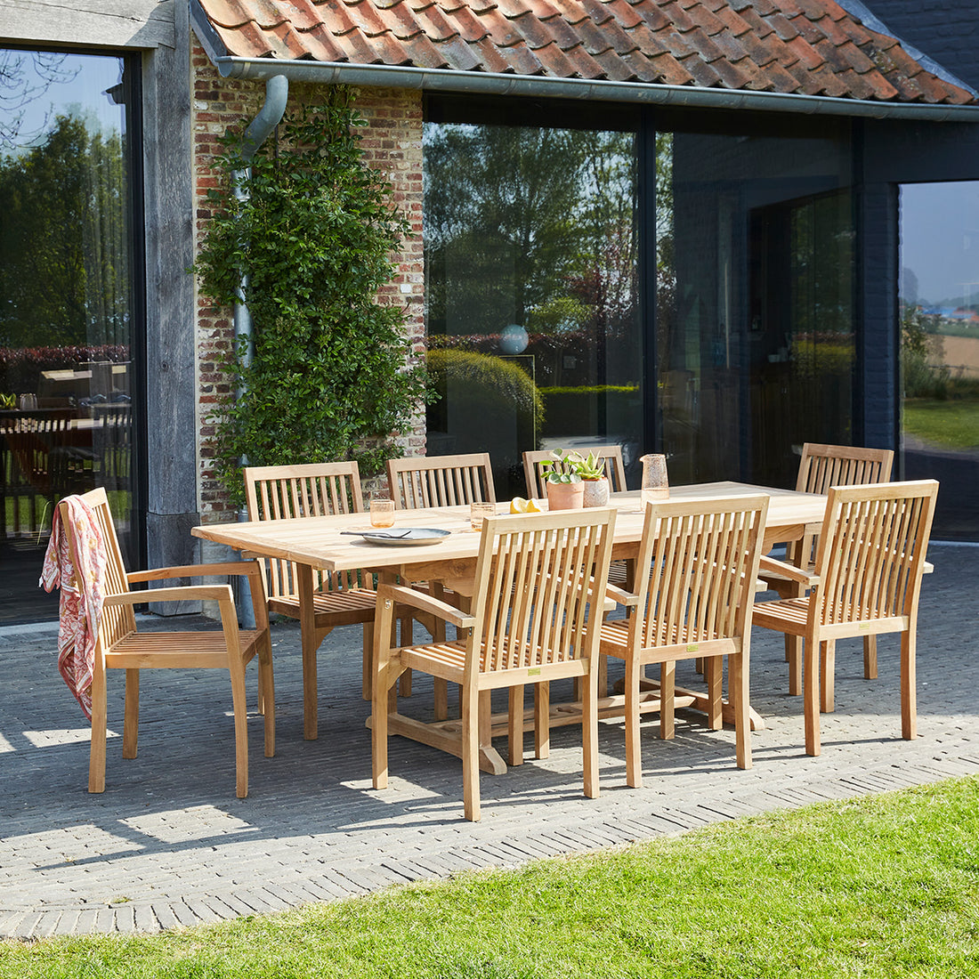 MIDLAND - Set di mobili da giardino in teak massello con tavolo allungabile 8/10 pers.