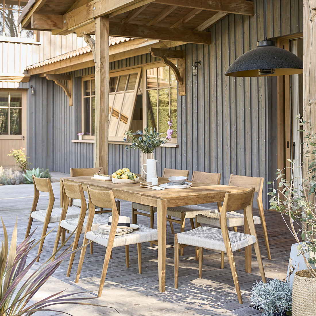 LIVIE - Set di mobili da giardino in teak massello e corda beige, 8 pers.