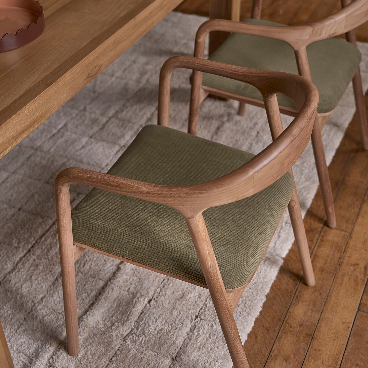 AMBRE - Sedia in teak massello con seduta in velluto a coste color kaki