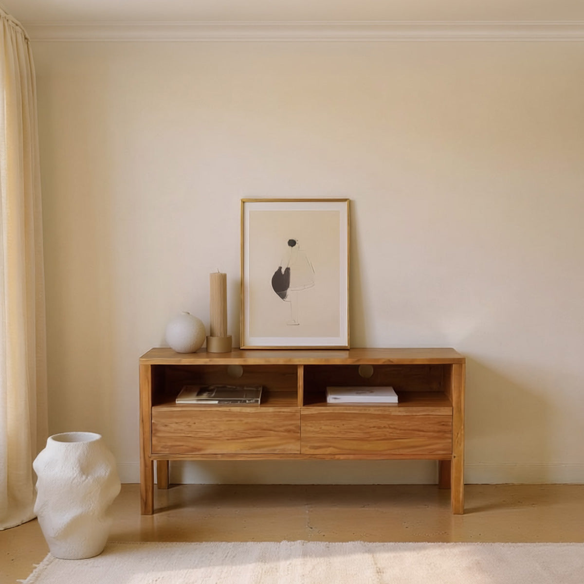 NIDO - Mobile porta TV a 2 cassetti in teak massello 100 cm