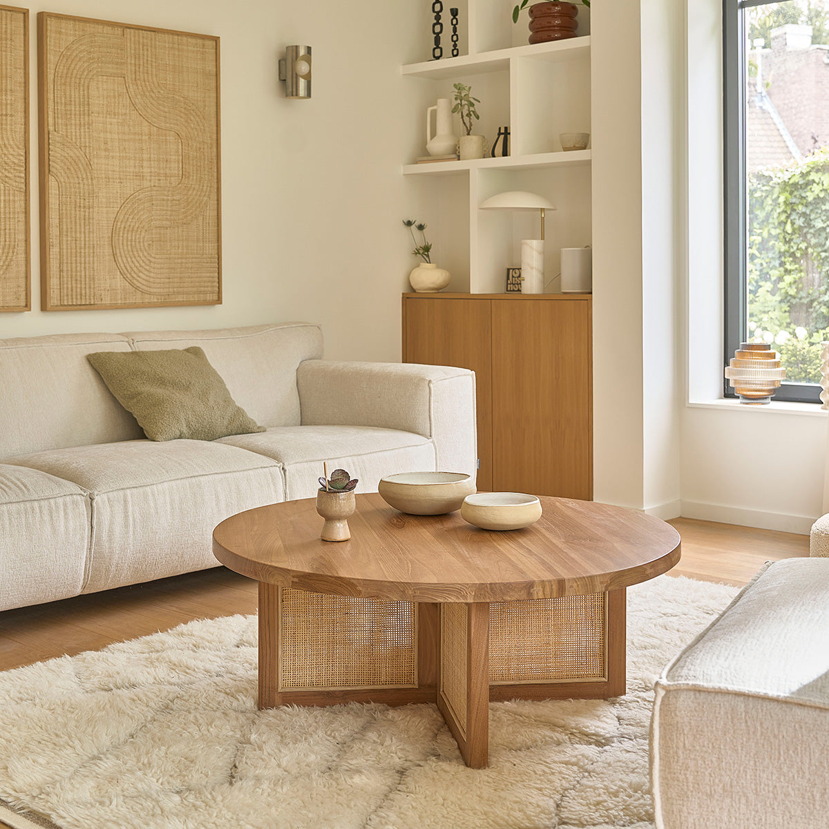 MARCEAU - Tavolino in teak massello con gambe in cannage Ø 100 cm