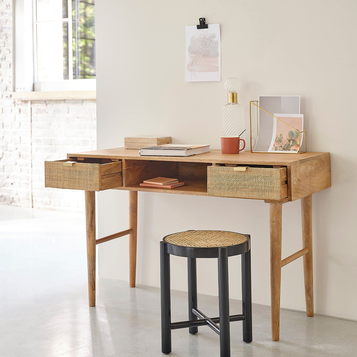 FELICIE - Scrivania in mango massello e midollino 120 cm