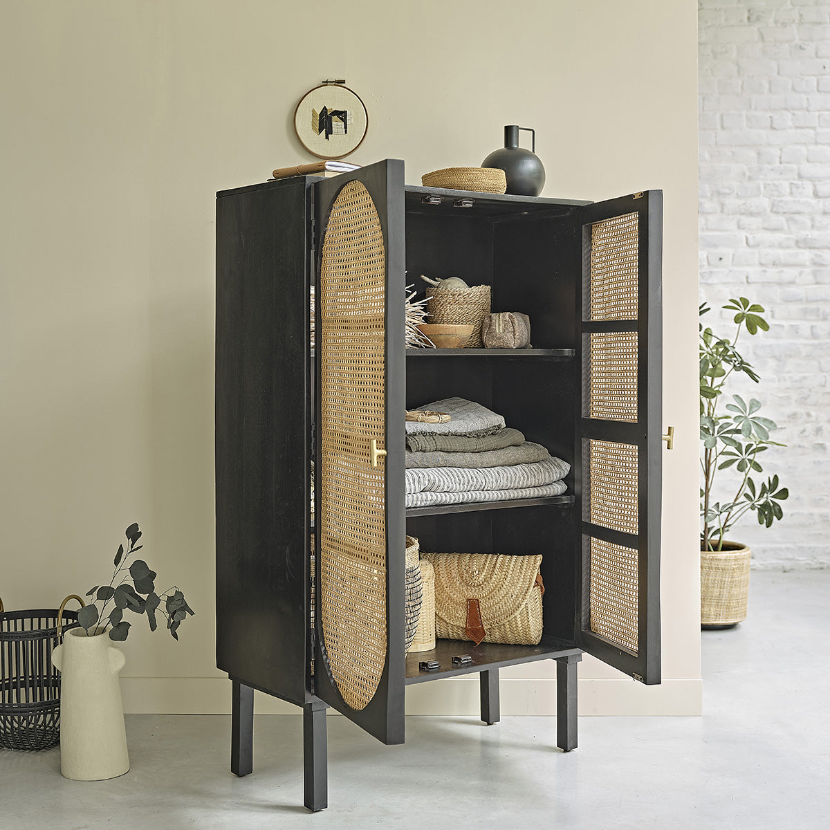 ZULMA - Armadio in mango massello e midollino 90 cm