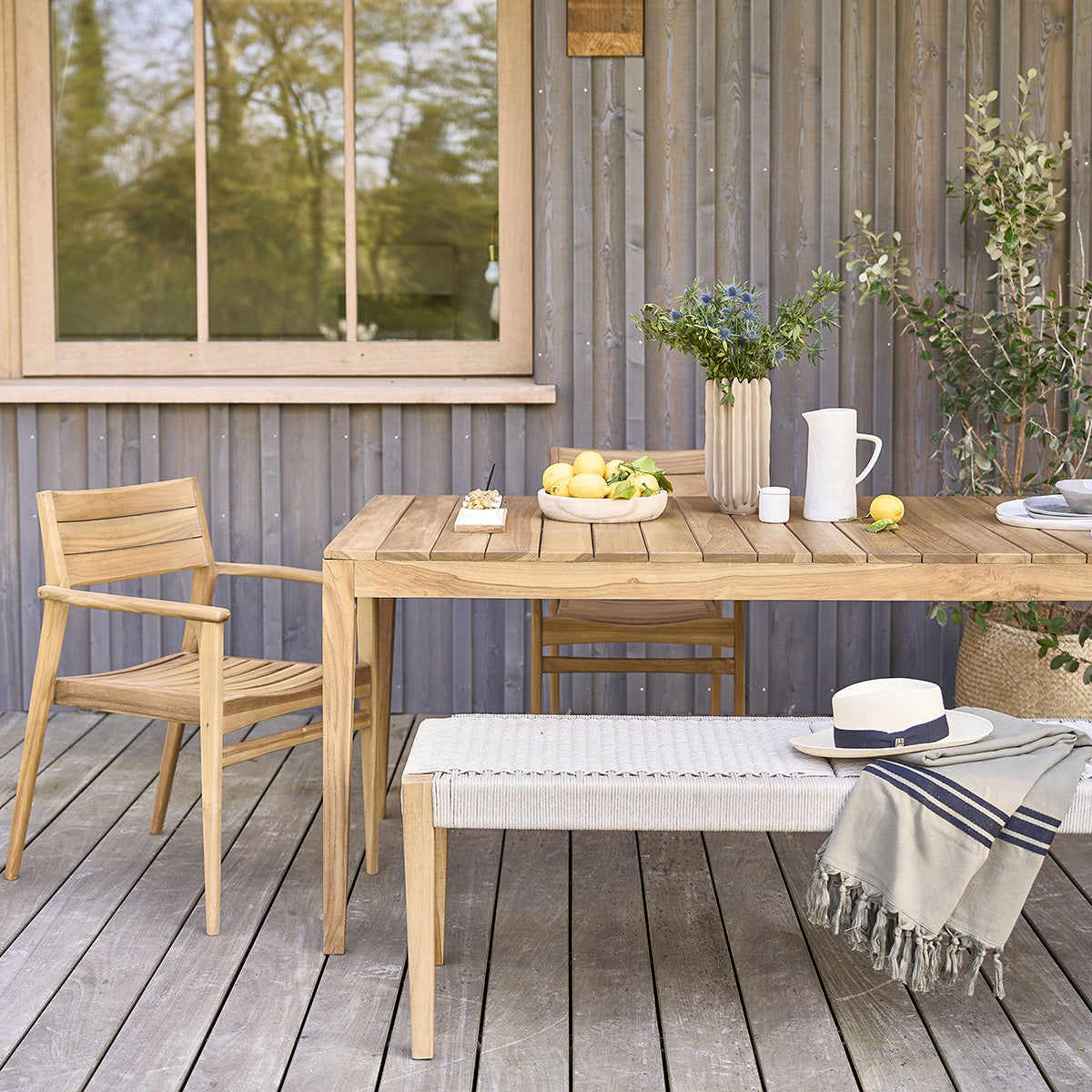 LIVIE - Panca da giardino in teak massello e corda beige