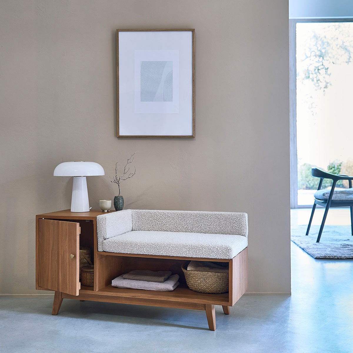 SERENE - Panchina in teak massello e tessuto bouclé 120 cm