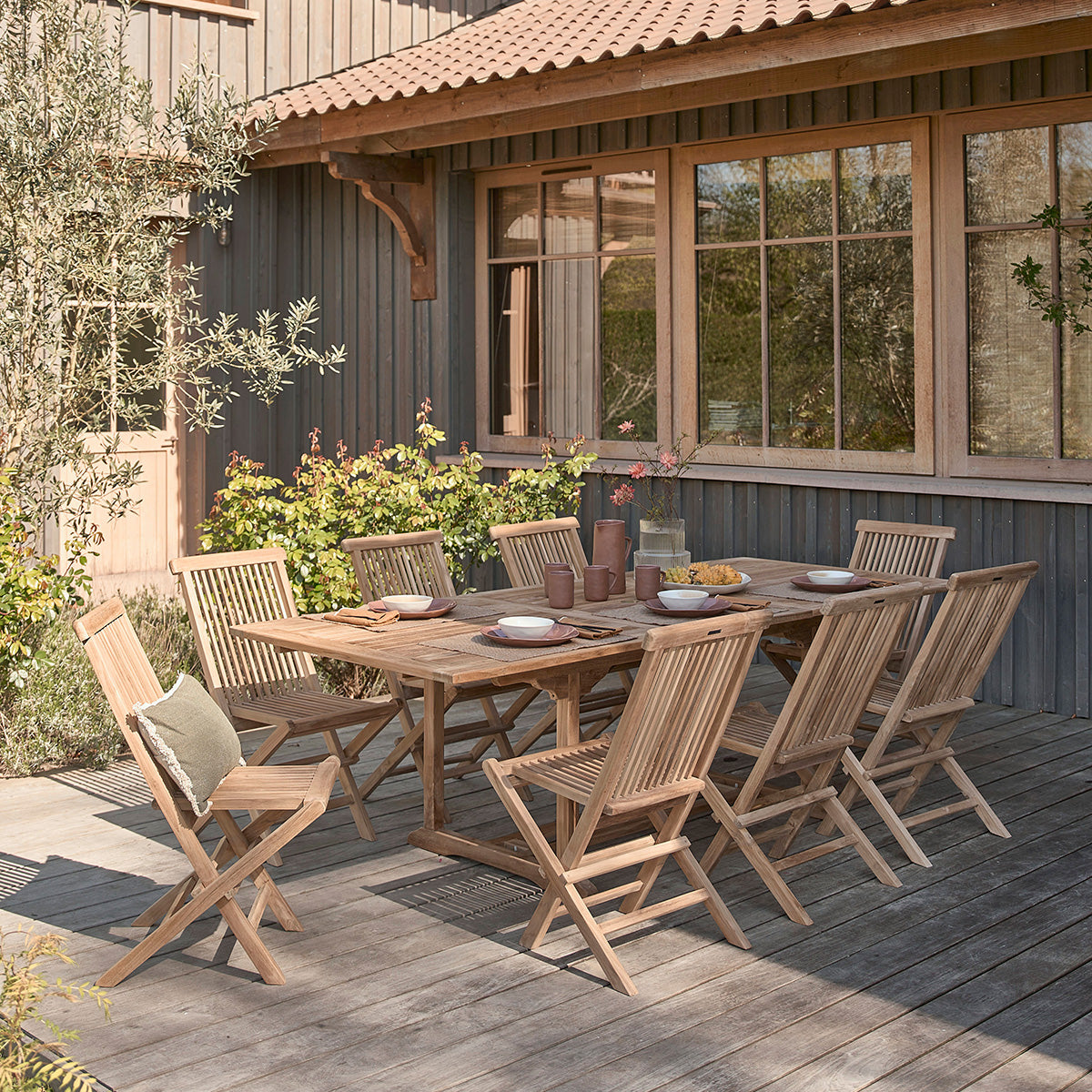 MALTE - Set di mobili da giardino in teak massello con tavolo allungabile 8/10 pers.