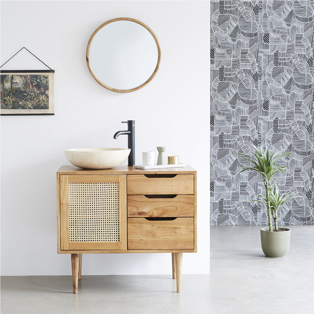 HANA - Mobile per lavabo in mindi massello e cannage 85 cm