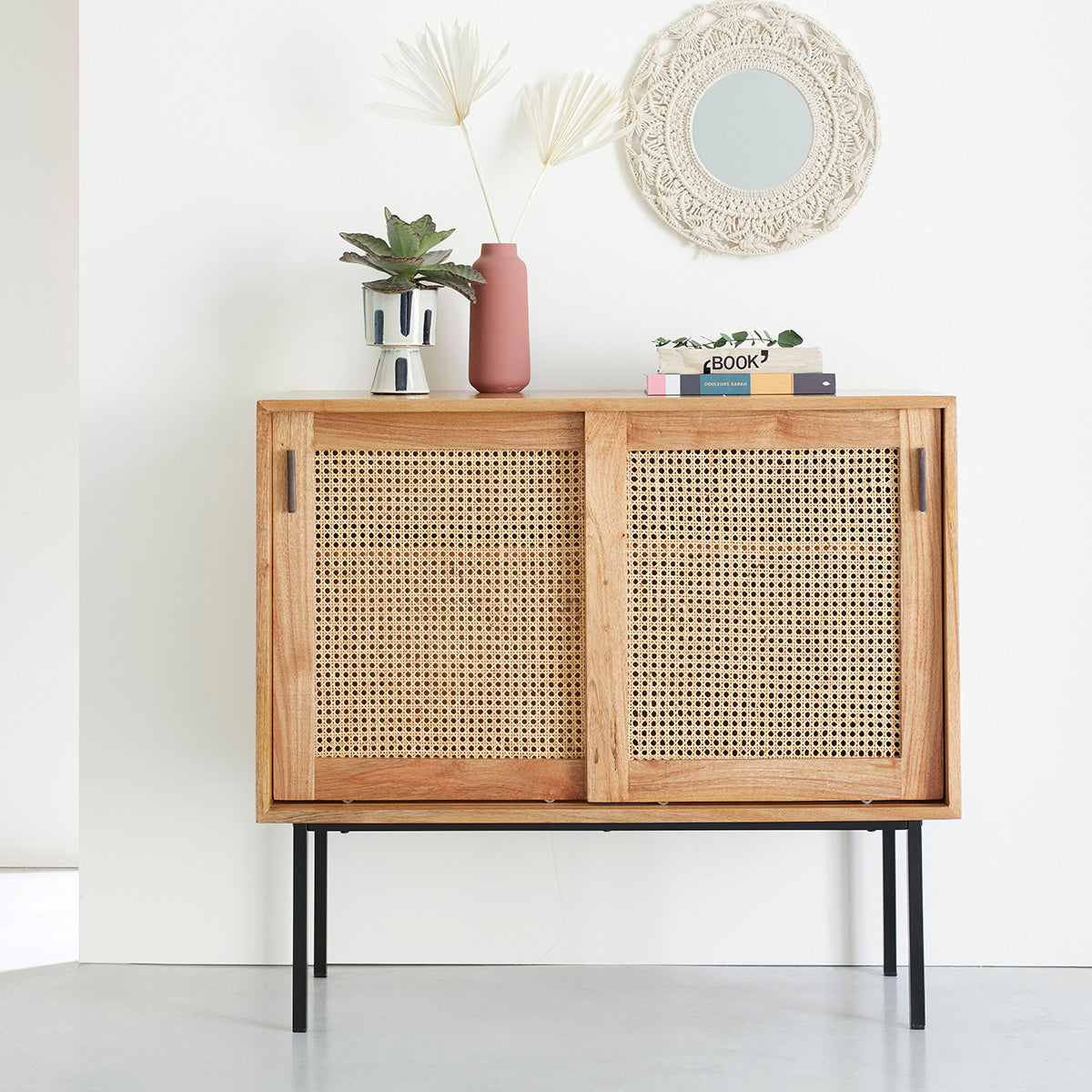 AUBIN - Cassettiera in mindi massello e cannage, 100 cm