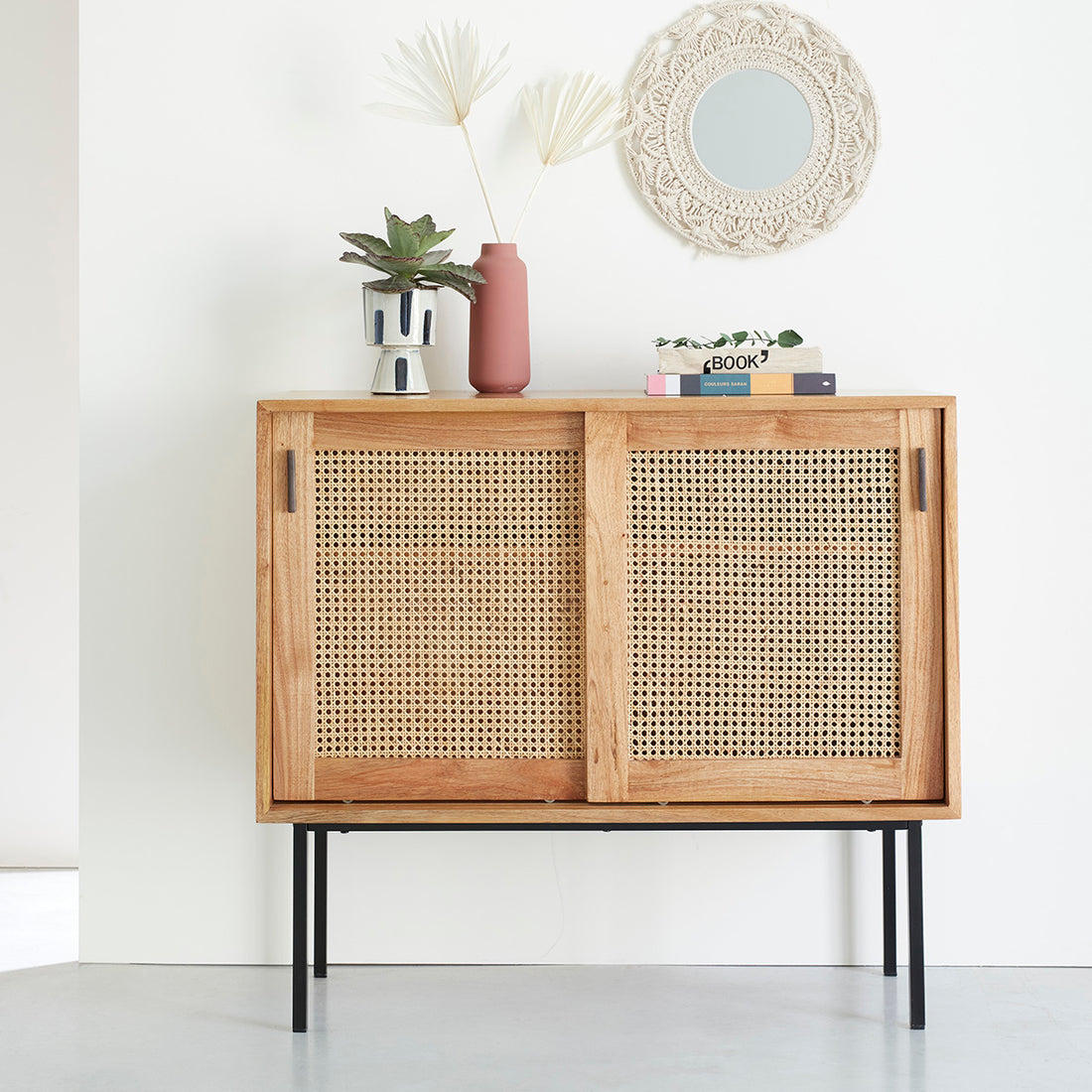 AUBIN - Cassettiera in mindi massello e cannage, 100 cm