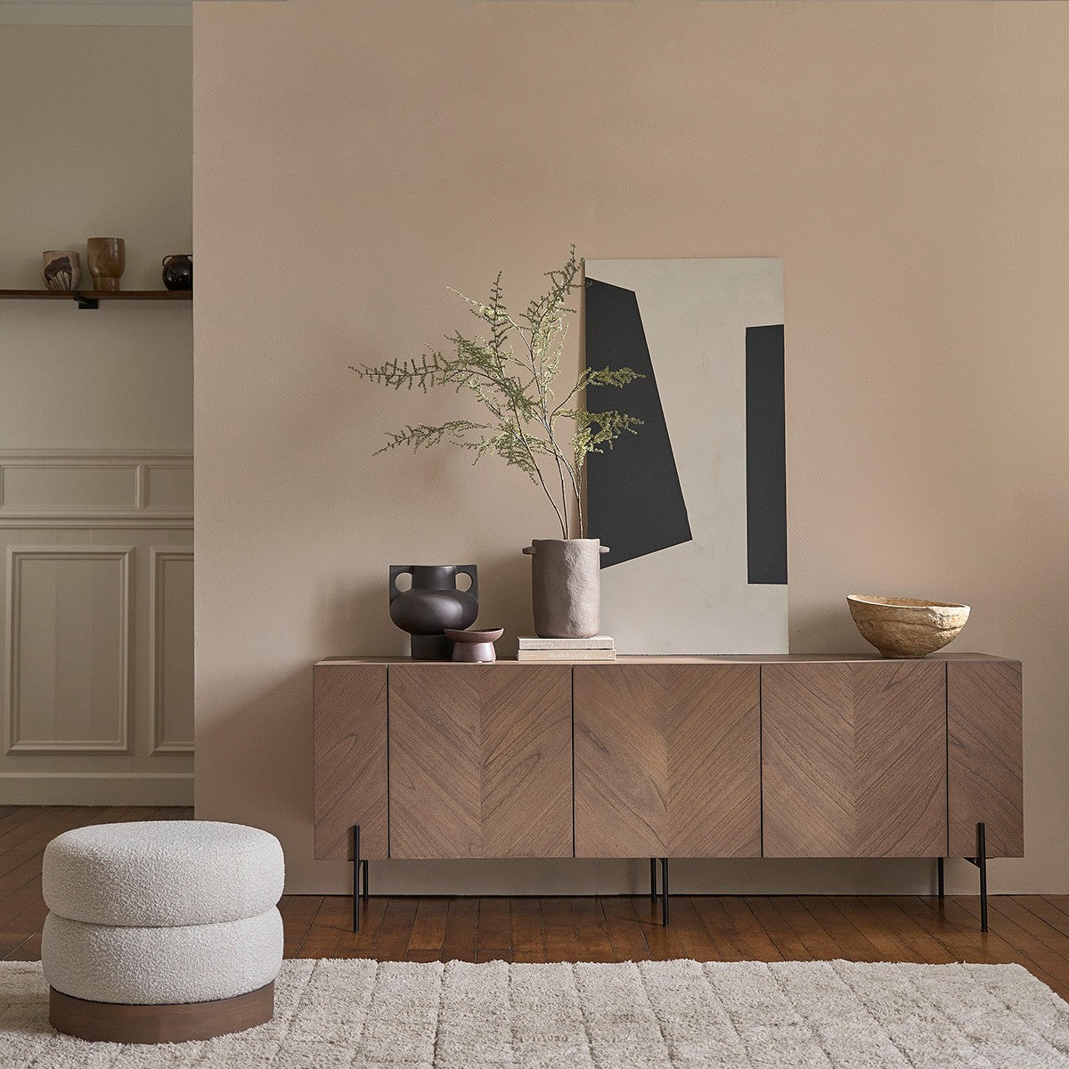 TANE - Pouf in mindi massello e tessuto bouclé bianco Ø55 cm