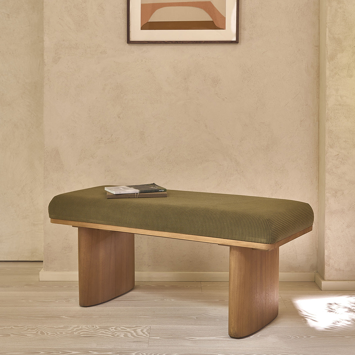 AMBRE - Panca in teak massello e velluto a coste verde 100 cm