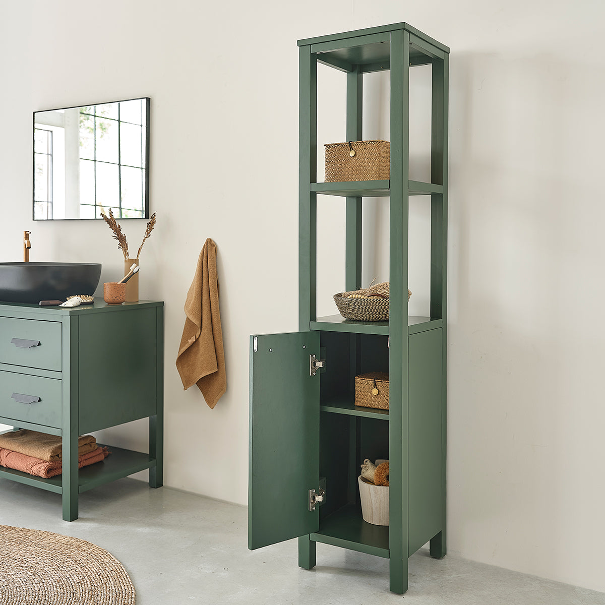 OLIVIA - Colonna bagno verde in legno di acacia 160