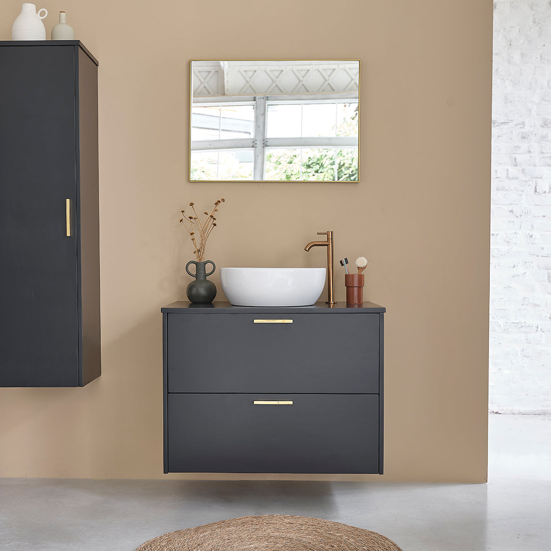 LUNA - Mobile sottolavabo sospeso in acacia massello nero 80 cm