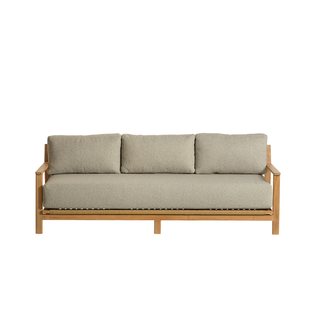 PIANA - Divano da giardino in teak massiccio con cuscini grigi melange, 3 posti.