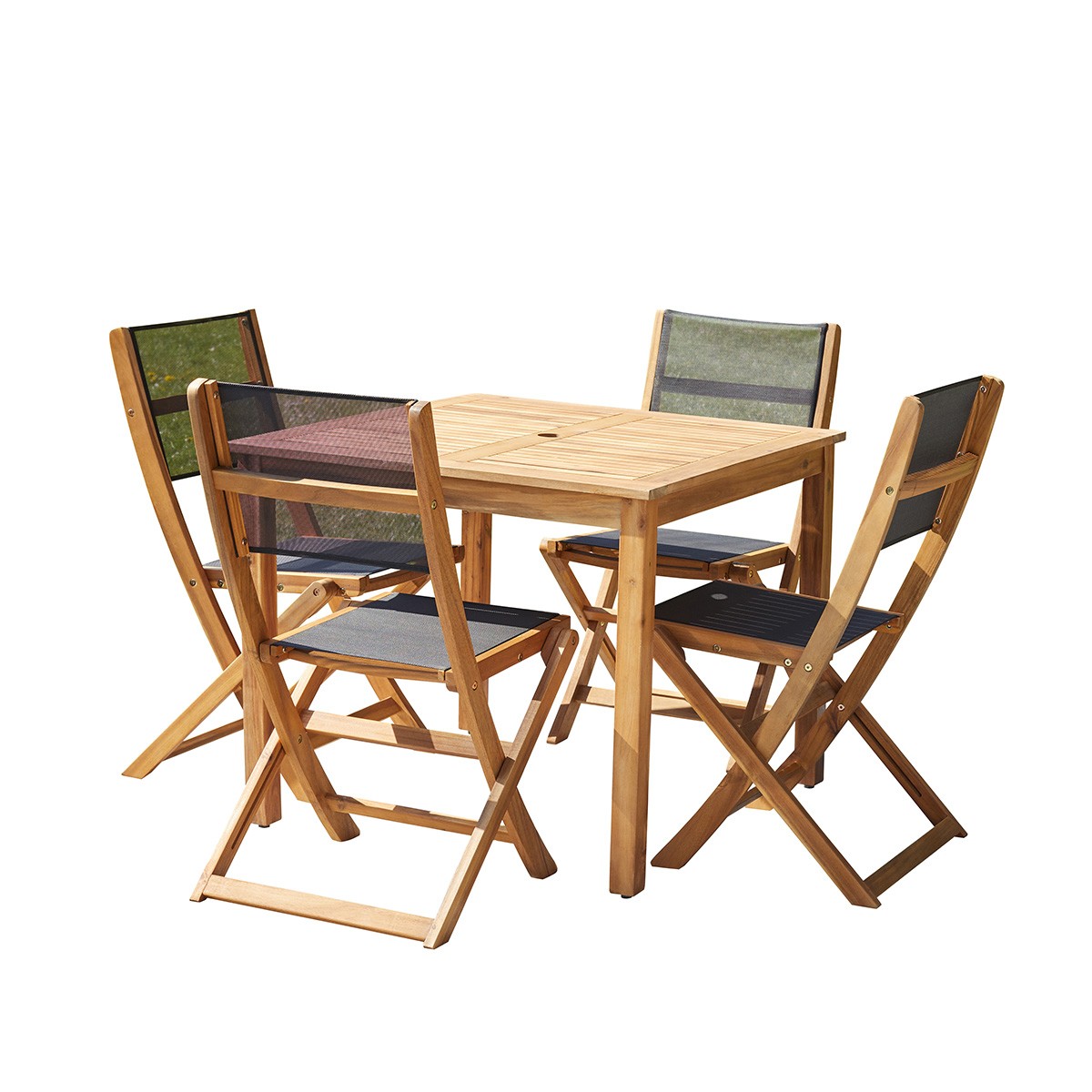 HANOÏ - Set di mobili da giardino in legno massello di acacia e textilene nero 4 pers.