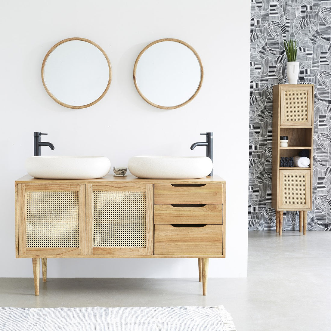 HANA - Mobile per lavabo in mindi massello e cannage 135 cm