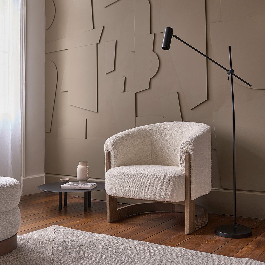 MALO - Poltrona in rovere massello e tessuto bouclé écru