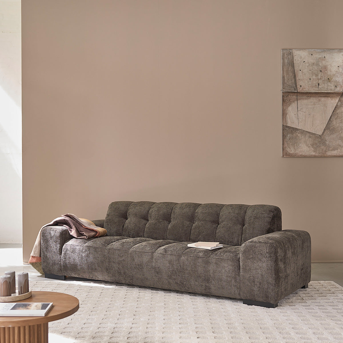 ALPHONSE - Divano dritto a 4 posti in velluto intrecciato moka