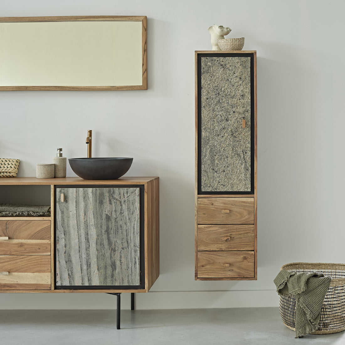 EDEN ROCK - Colonna bagno in acacia massello e pietra 130 cm