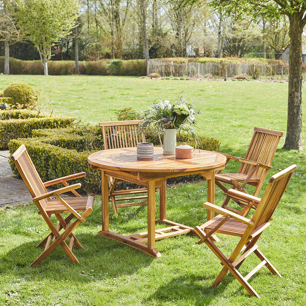 BALI - Set di mobili da giardino con tavolo allungabile in teak massello oliato 4/8 pers.