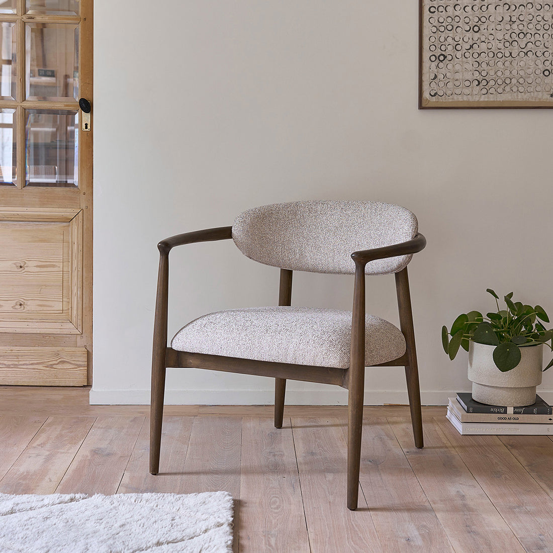 CÔME - Poltrona in legno massello con tessuto beige screziato