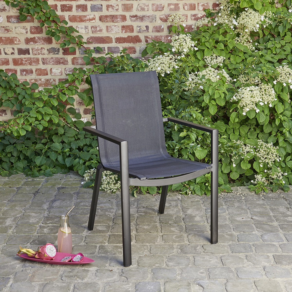 HPL STAR - Set di mobili da giardino in alluminio nero e textilene grigio 6/10 pers.