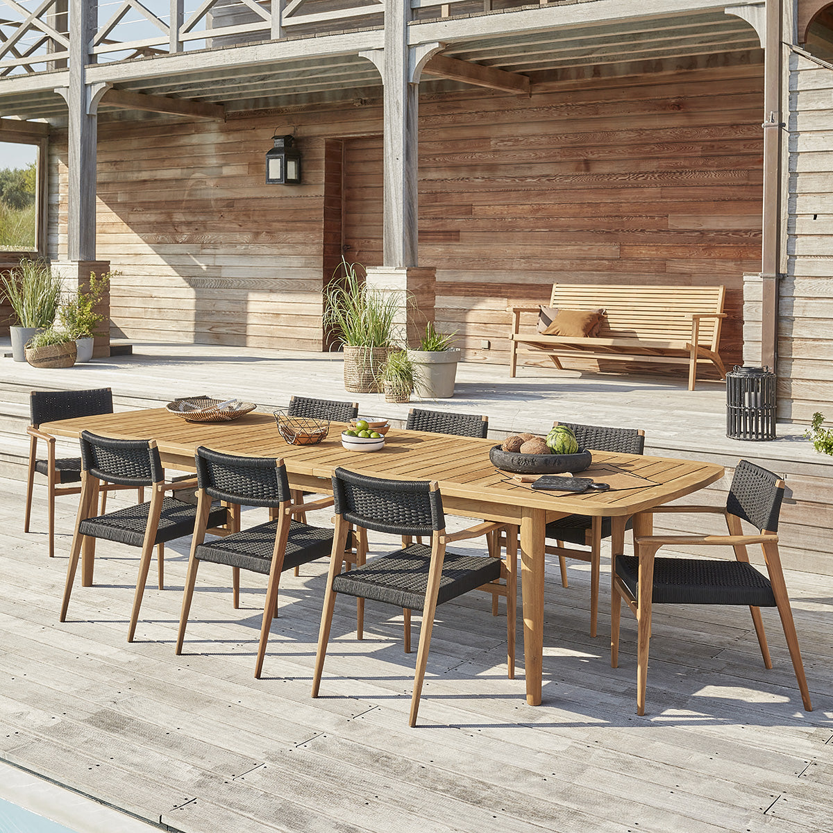 ESTHER - Set di mobili da giardino in teak riciclato nero con tavolo allungabile 8/10 pers.