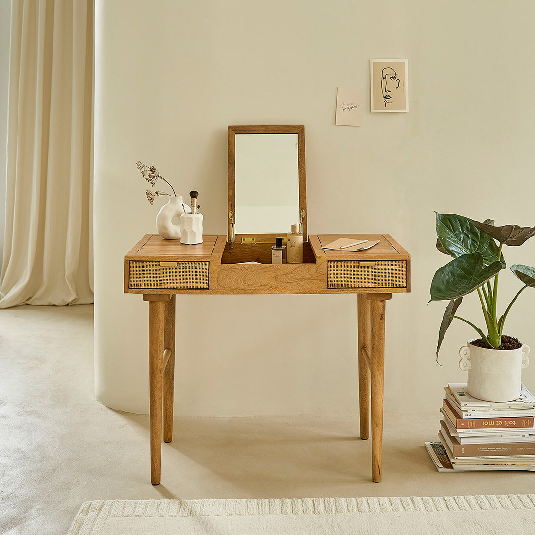 FELICIE - Tavolino da toilette in mango massello e midollino 90 cm