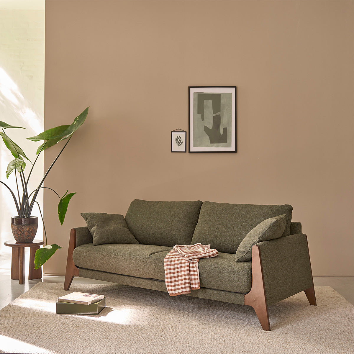 ONDINE - Divano dritto a 3 posti in legno massello e tessuto bouclé kaki