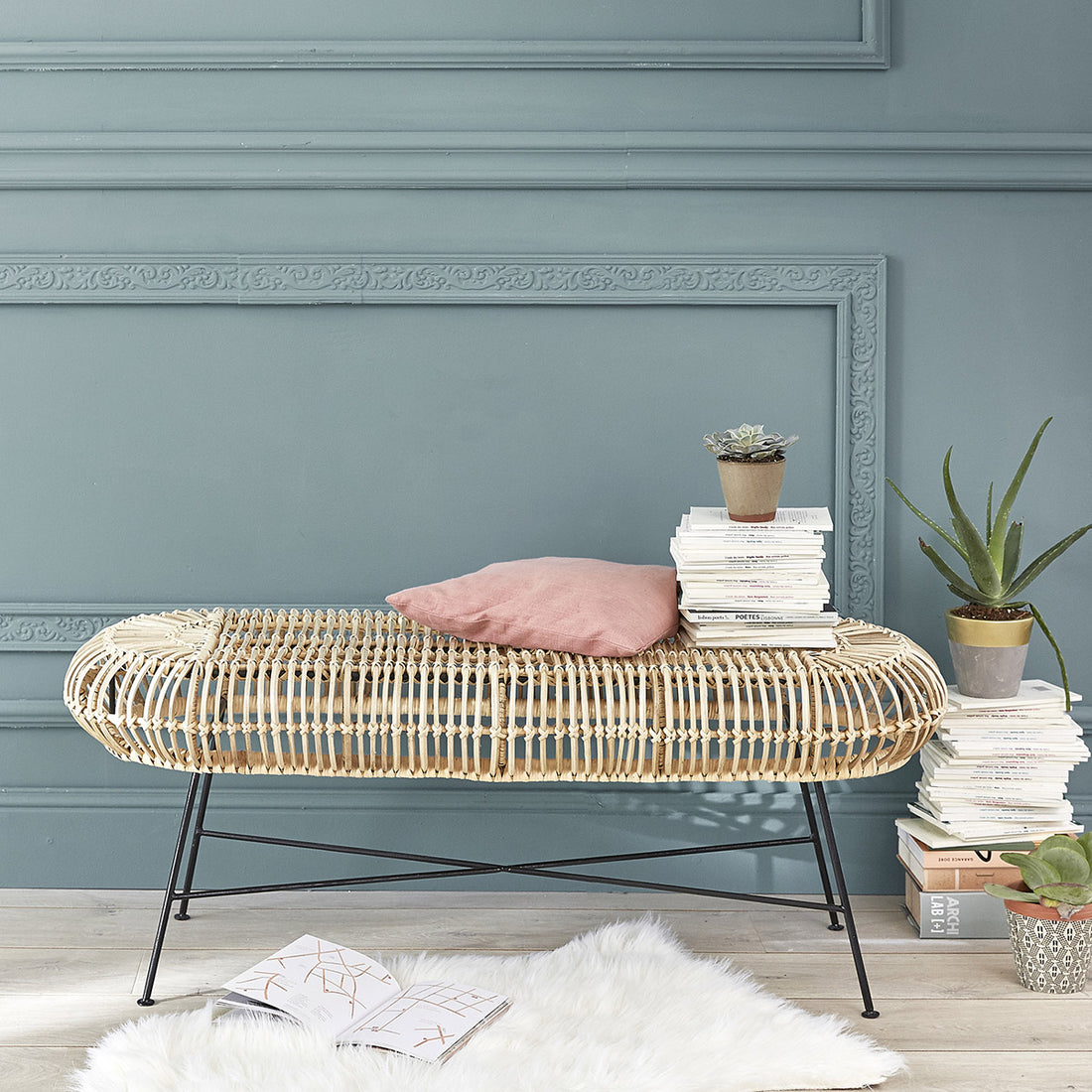 BOHEMA - Panca in rattan e metallo