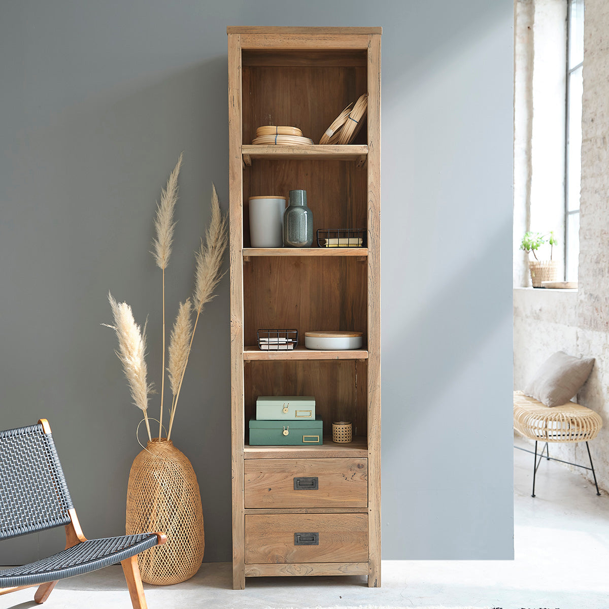 Collezione Cargo in legno massello - Libreria alta in teak massello riciclato, H 220 cm
