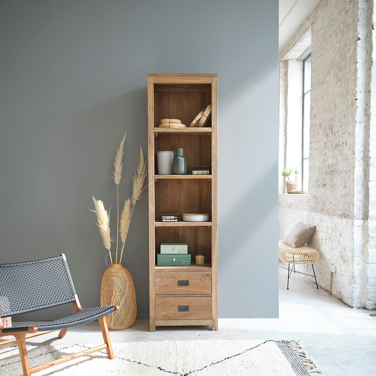 Collezione Cargo in legno massello - Libreria alta in teak massello riciclato, H 220 cm