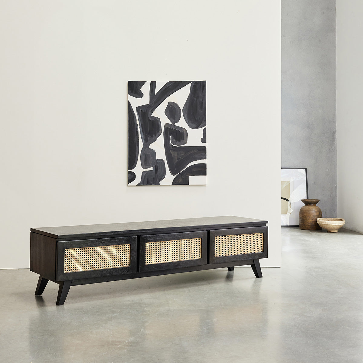 ISÉE - Mobile porta TV in mindi massello e cannage nero 160 cm