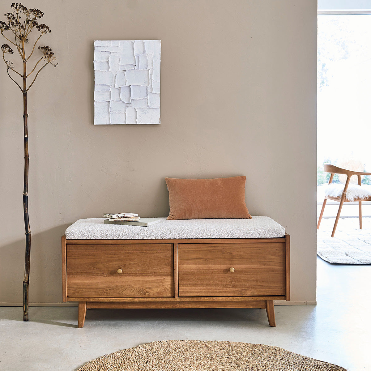 SERENE - Panchina in teak massello e tessuto bouclé 120 cm