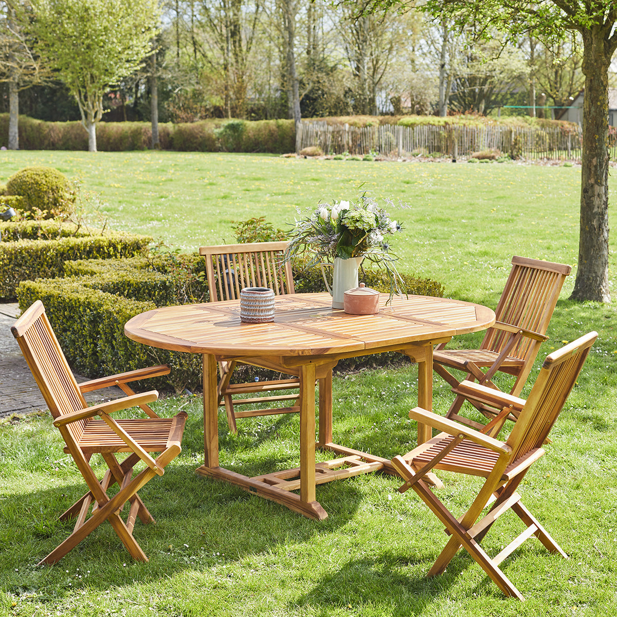 BALI - Set di mobili da giardino con tavolo allungabile in teak massello oliato 4/8 pers.