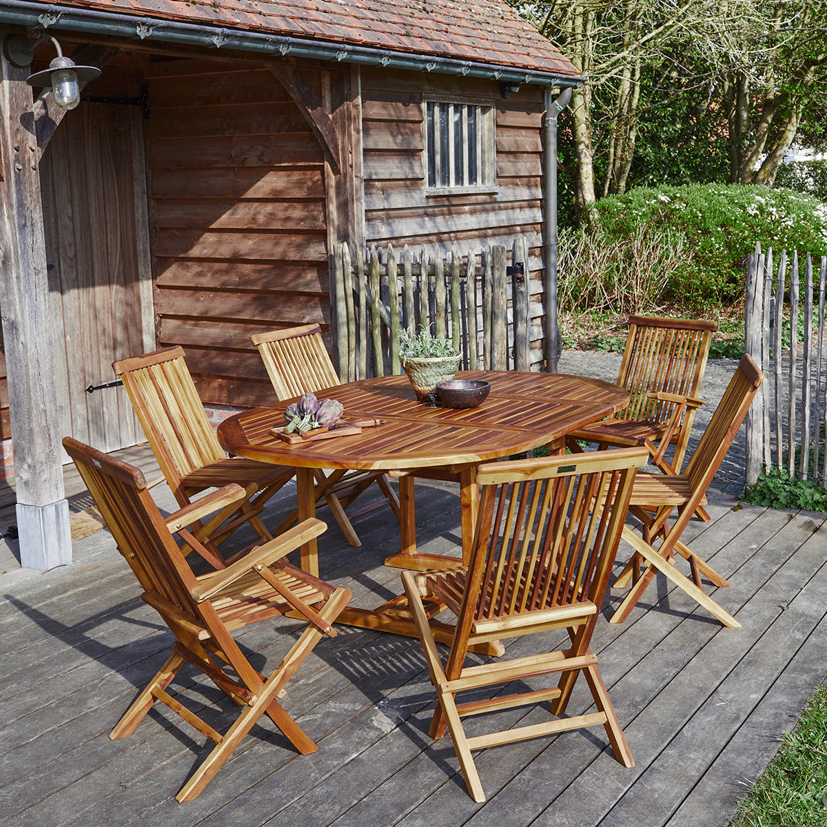 BALI - Set di mobili da giardino con tavolo allungabile in teak massello oliato 6/8 pers.