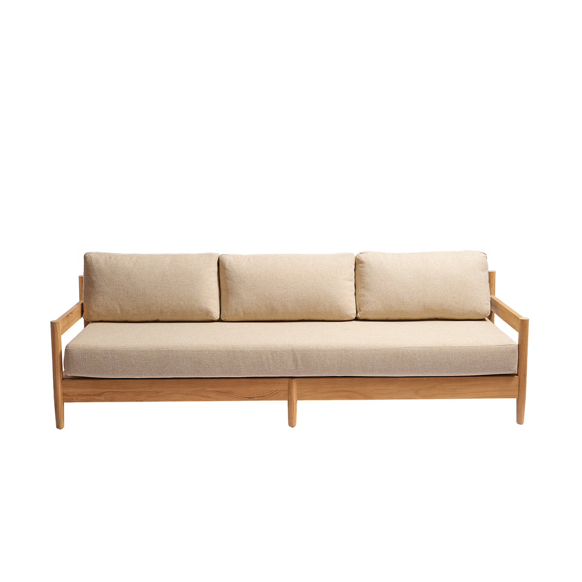 CALVI - Divano da giardino basso in teak massiccio con cuscini beige screziati, 4 posti.